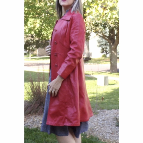 red LEATHER COAT vintage trench jacket S - Picture 5 of 11
